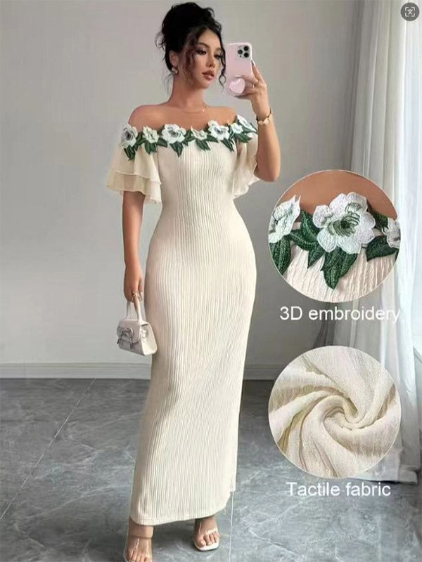 Party Dress Maxi Light Apricot Off-The-Shoulder Flowers Short Sleeves Clothes Puff Sleeves Sexy Gown