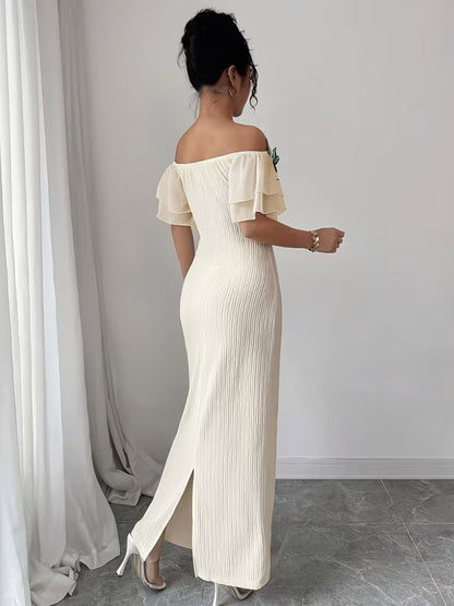 Party Dress Maxi Light Apricot Off-The-Shoulder Flowers Short Sleeves Clothes Puff Sleeves Sexy Gown