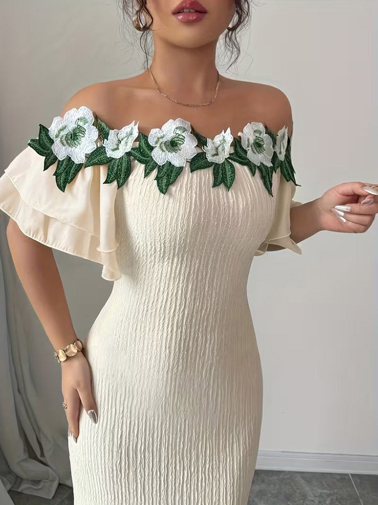 Party Dress Maxi Light Apricot Off-The-Shoulder Flowers Short Sleeves Clothes Puff Sleeves Sexy Gown
