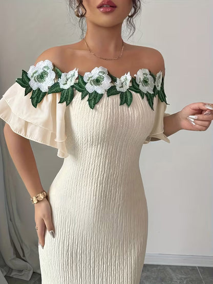 Party Dress Maxi Light Apricot Off-The-Shoulder Flowers Short Sleeves Clothes Puff Sleeves Sexy Gown