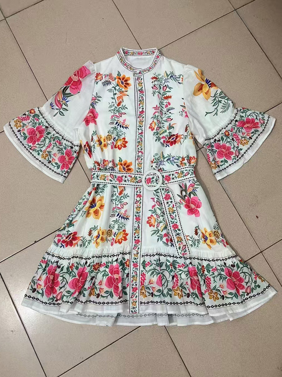 Daily Dresses Woman's Mini Sash Half Sleeves Stand Collar Natural Waist Floral Print Dress