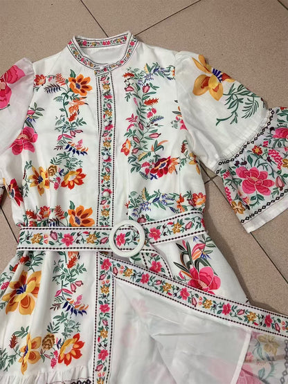 Daily Dresses Woman's Mini Sash Half Sleeves Stand Collar Natural Waist Floral Print Dress
