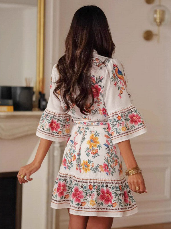 Daily Dresses Woman's Mini Sash Half Sleeves Stand Collar Natural Waist Floral Print Dress