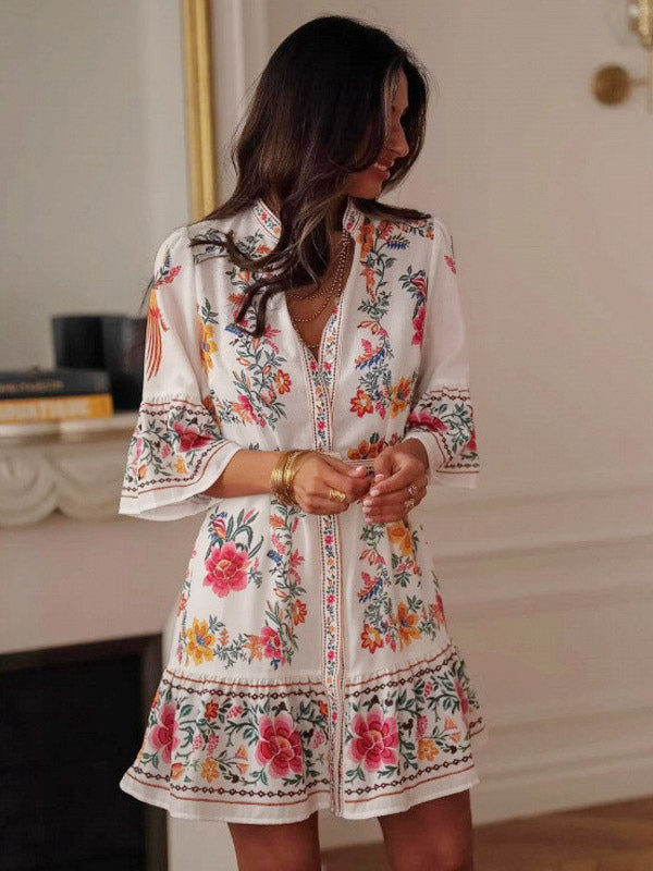 Daily Dresses Woman's Mini Sash Half Sleeves Stand Collar Natural Waist Floral Print Dress