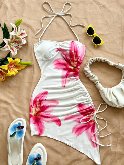 Night Out Dresses White Floral Print Sleeveless Straps Neck Backless Summer Dress