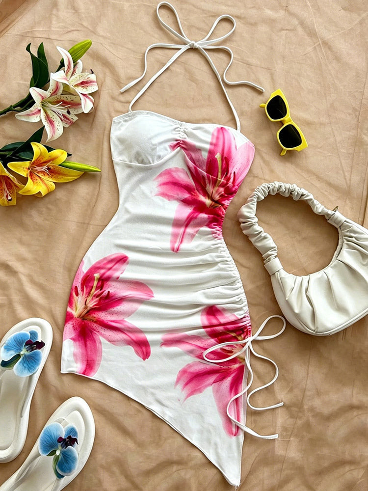 Night Out Dresses White Floral Print Sleeveless Straps Neck Backless Summer Dress