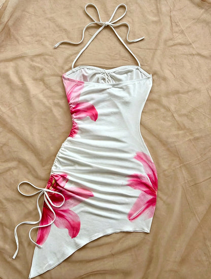 Night Out Dresses White Floral Print Sleeveless Straps Neck Backless Summer Dress