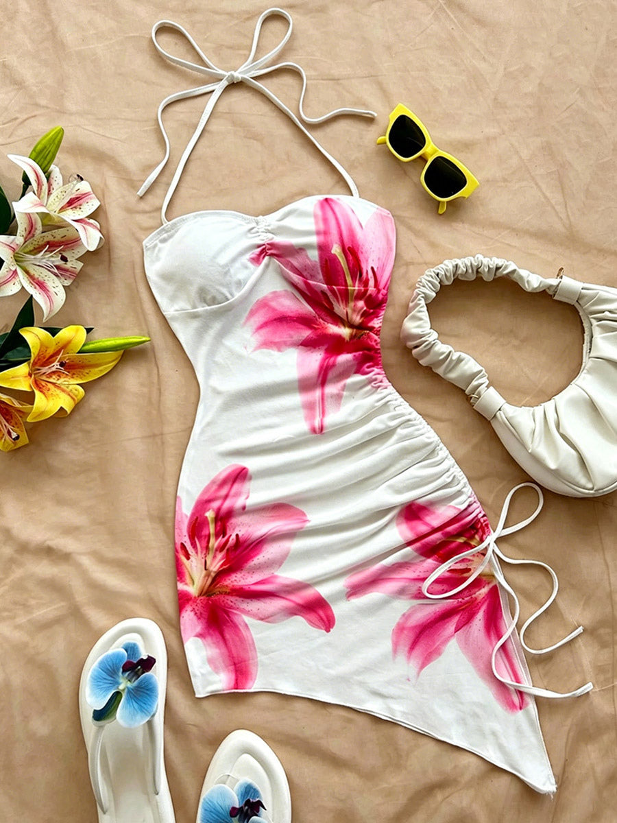 Night Out Dresses White Floral Print Sleeveless Straps Neck Backless Summer Dress