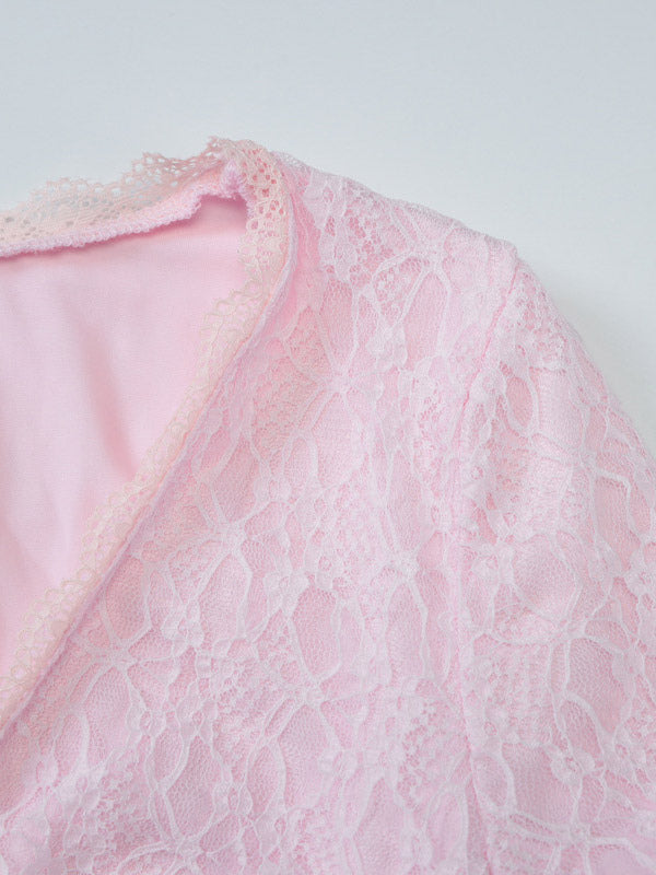 Party Dress Mini Pink V-Neck Lace Long Sleeves Pleated Sweet Semi Formal Dress