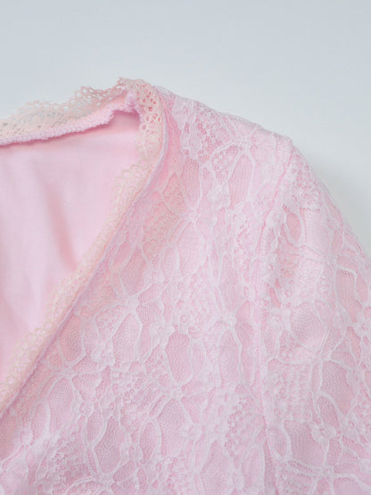 Party Dress Mini Pink V-Neck Lace Long Sleeves Pleated Sweet Semi Formal Dress