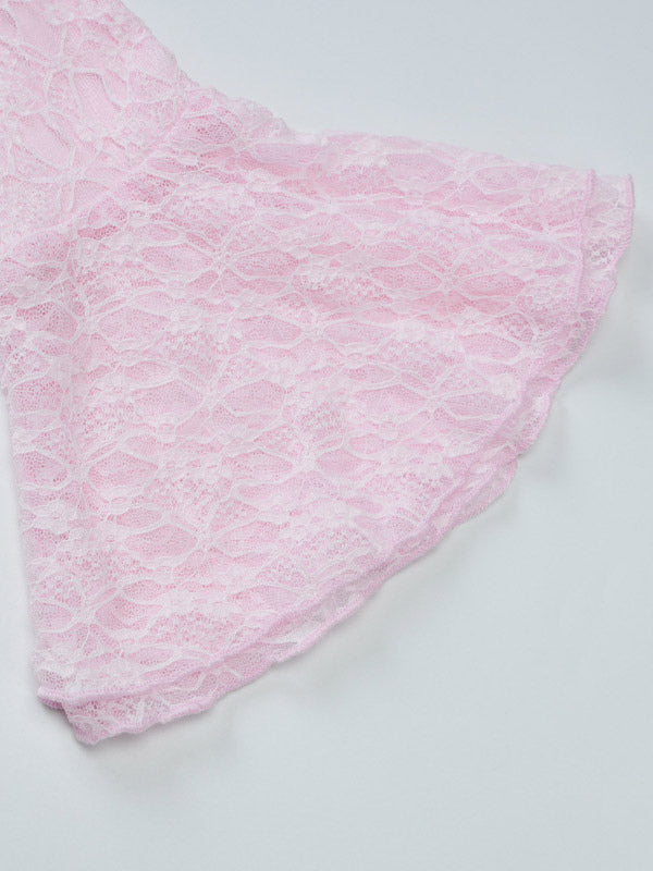Party Dress Mini Pink V-Neck Lace Long Sleeves Pleated Sweet Semi Formal Dress