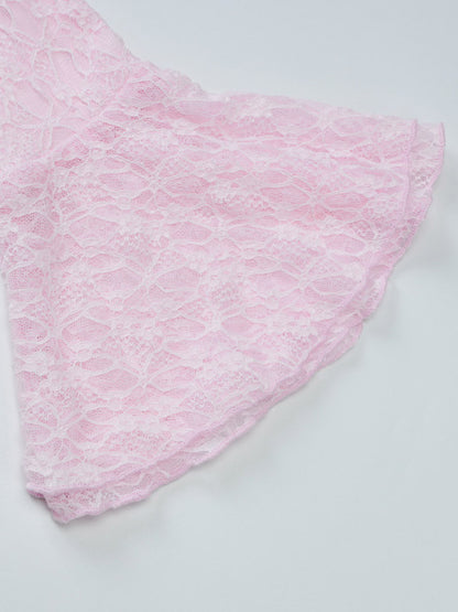Party Dress Mini Pink V-Neck Lace Long Sleeves Pleated Sweet Semi Formal Dress