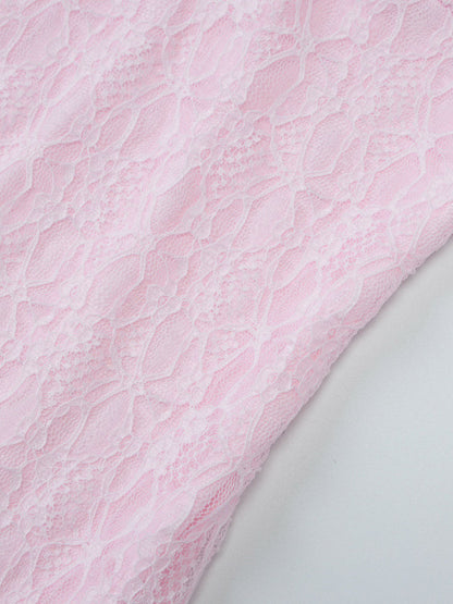 Party Dress Mini Pink V-Neck Lace Long Sleeves Pleated Sweet Semi Formal Dress