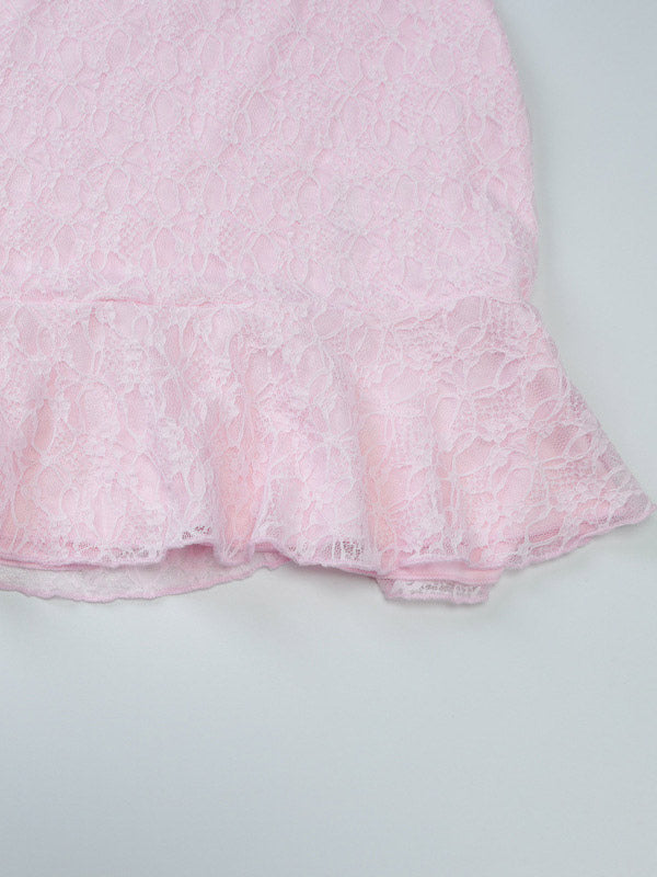 Party Dress Mini Pink V-Neck Lace Long Sleeves Pleated Sweet Semi Formal Dress