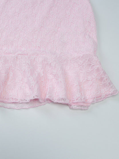 Party Dress Mini Pink V-Neck Lace Long Sleeves Pleated Sweet Semi Formal Dress