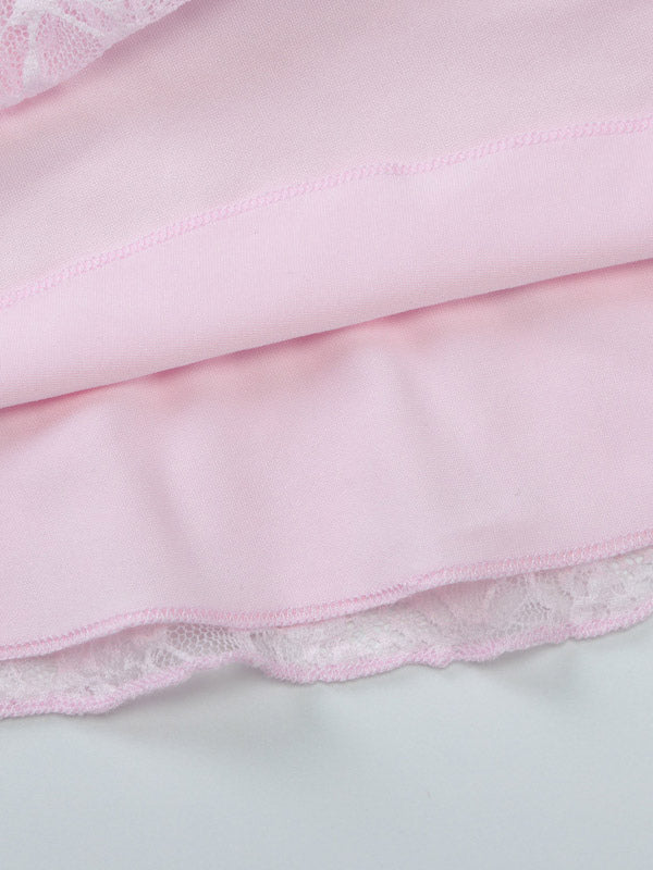 Party Dress Mini Pink V-Neck Lace Long Sleeves Pleated Sweet Semi Formal Dress