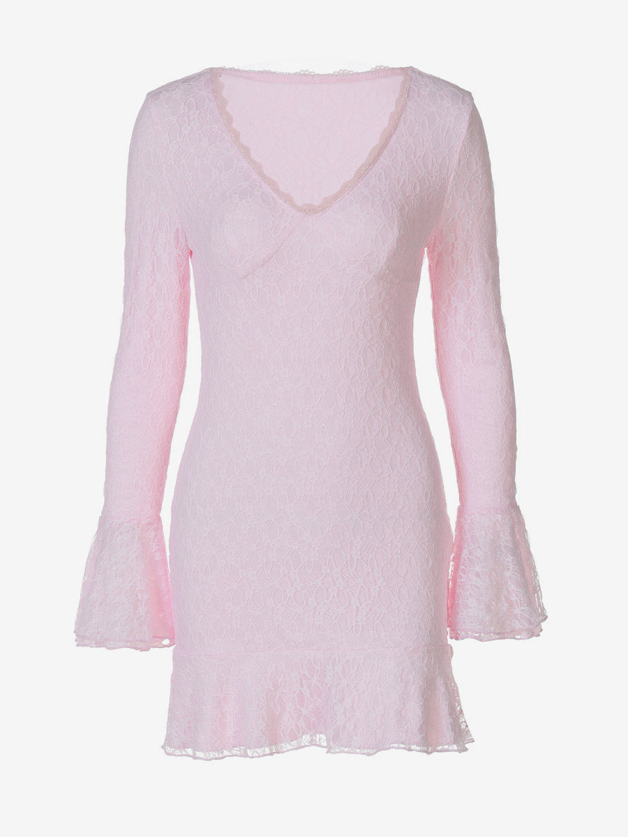 Party Dress Mini Pink V-Neck Lace Long Sleeves Pleated Sweet Semi Formal Dress