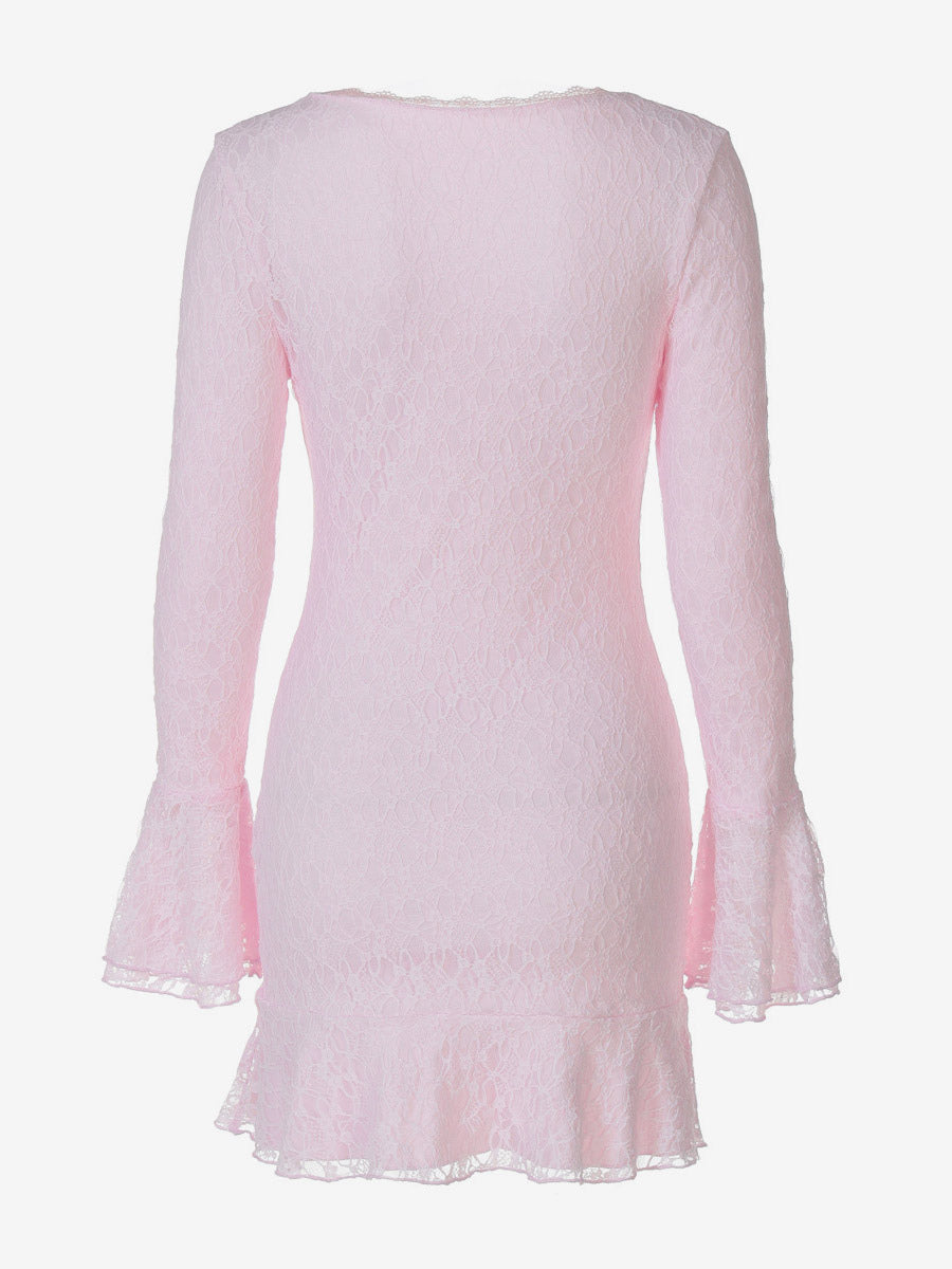 Party Dress Mini Pink V-Neck Lace Long Sleeves Pleated Sweet Semi Formal Dress
