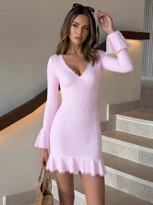 Party Dress Mini Pink V-Neck Lace Long Sleeves Pleated Sweet Semi Formal Dress