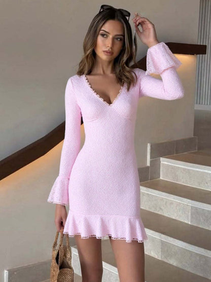 Party Dress Mini Pink V-Neck Lace Long Sleeves Pleated Sweet Semi Formal Dress