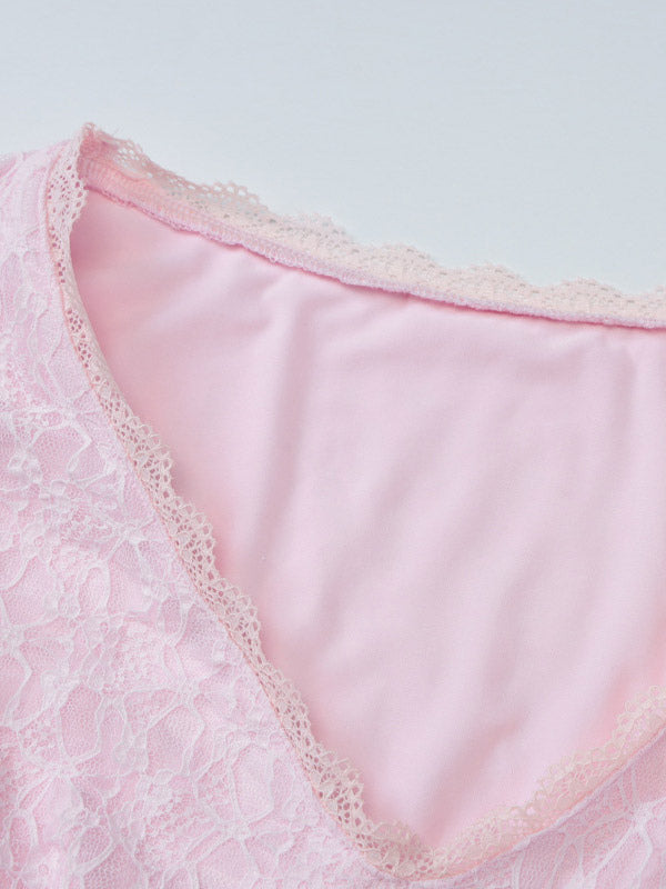 Party Dress Mini Pink V-Neck Lace Long Sleeves Pleated Sweet Semi Formal Dress