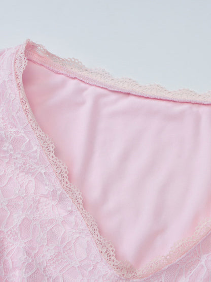 Party Dress Mini Pink V-Neck Lace Long Sleeves Pleated Sweet Semi Formal Dress