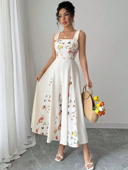 Date Night Dresses Maxi Backless Flowers Pleated Sleeveless Floral Print Square Neck Sweet Dress