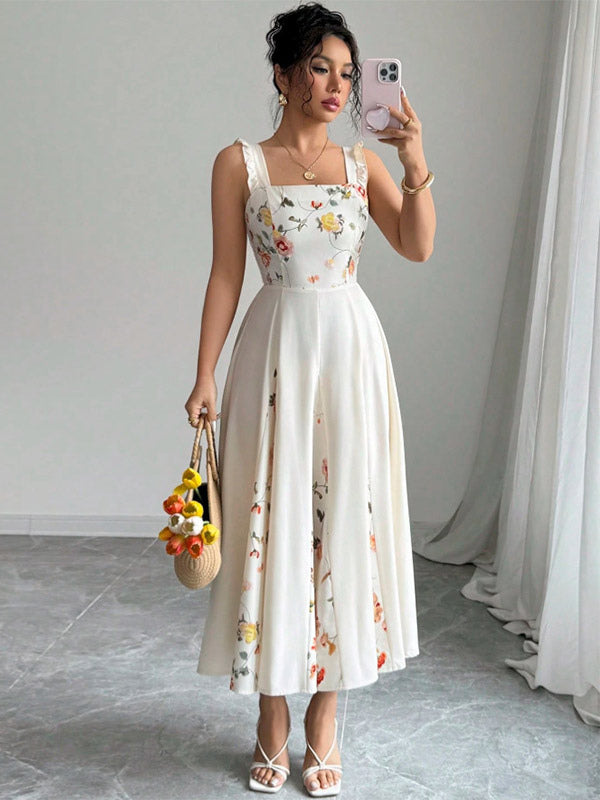 Date Night Dresses Maxi Backless Flowers Pleated Sleeveless Floral Print Square Neck Sweet Dress