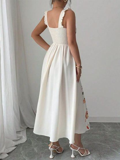 Date Night Dresses Maxi Backless Flowers Pleated Sleeveless Floral Print Square Neck Sweet Dress