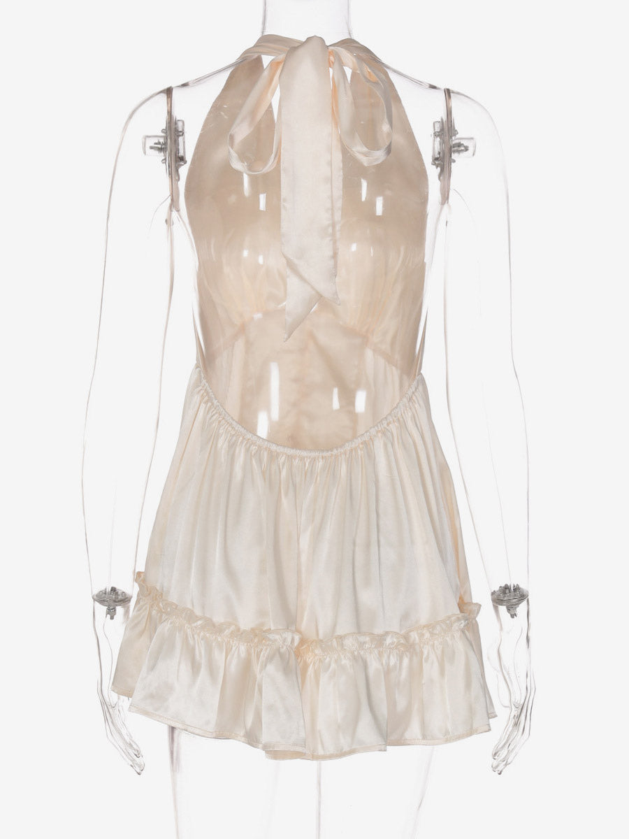 Date Night Dresses Mini Pleated Lace Up Sleeveless Halter Sweet Champagne Dress