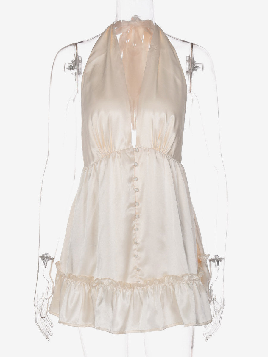 Date Night Dresses Mini Pleated Lace Up Sleeveless Halter Sweet Champagne Dress