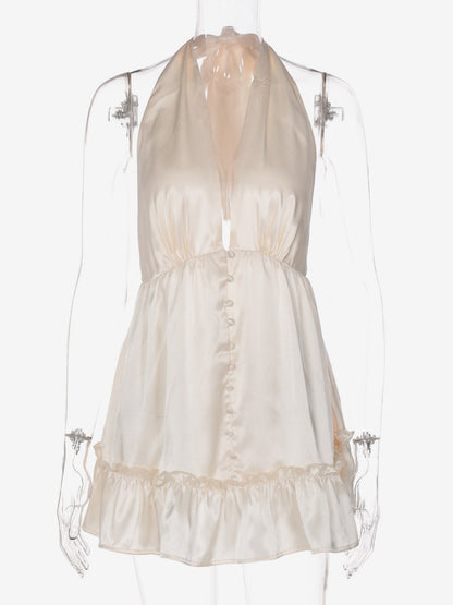Date Night Dresses Mini Pleated Lace Up Sleeveless Halter Sweet Champagne Dress