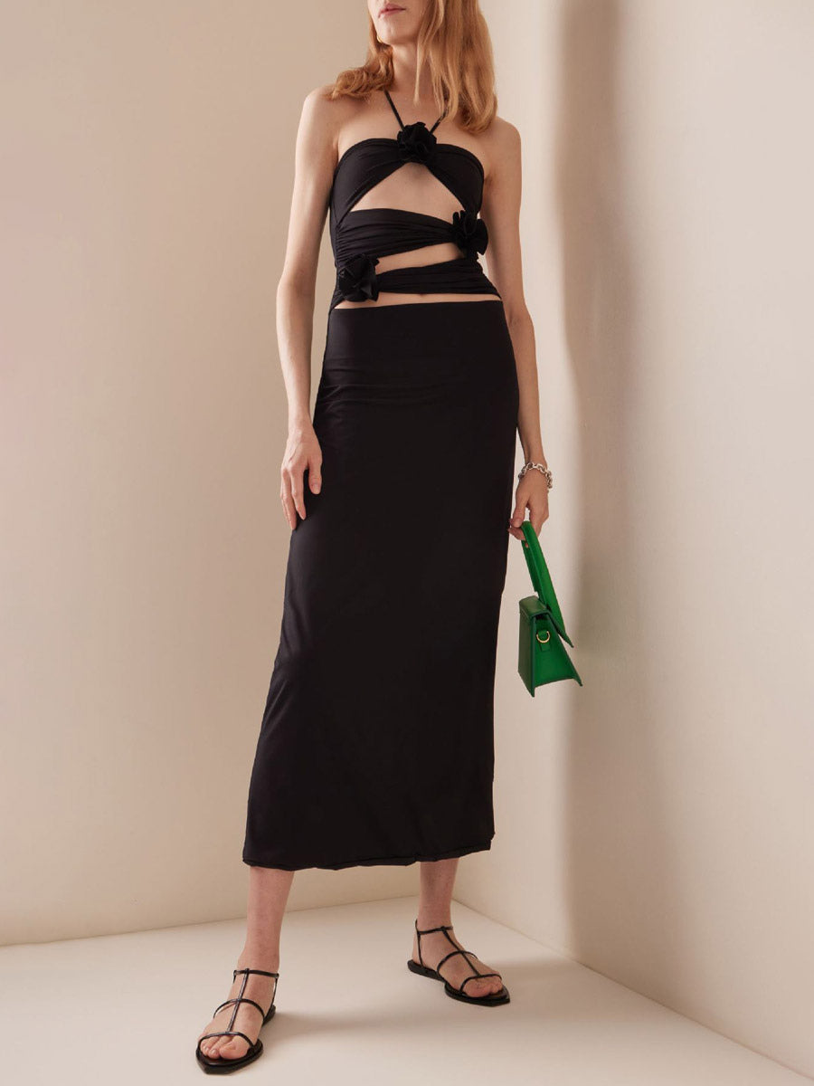 Party Dress Maxi Black Strapless Lace Up Sleeveless Backless Casual Semi Formal Dress
