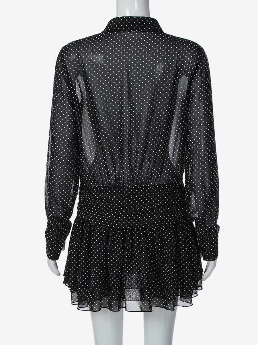 Date Night Dresses Mini Pleated Long Sleeves V-Neck Casual Black Dress