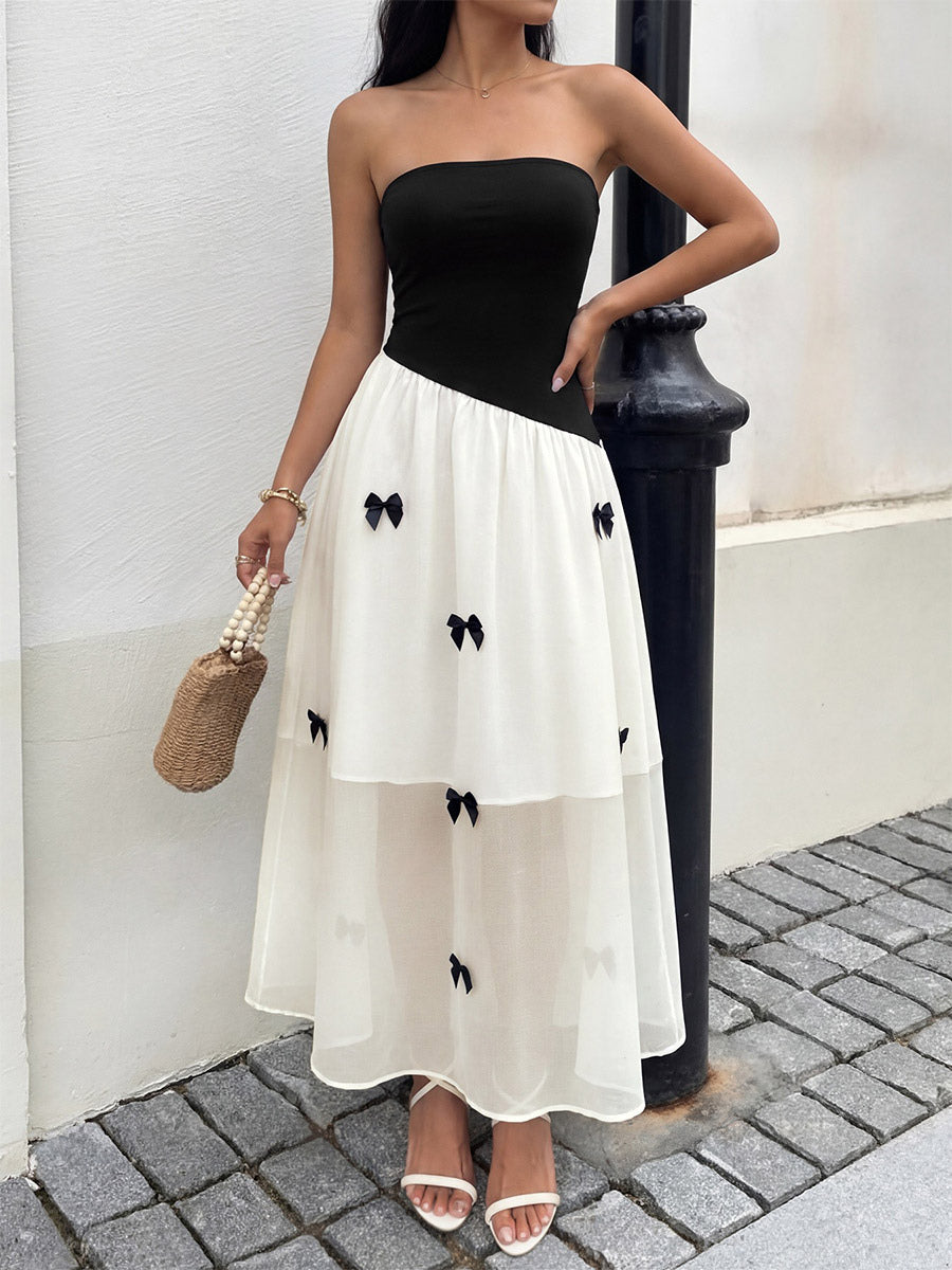 Date Night Dresses Maxi Backless Bows Sleeveless Bow Off-The-Shoulder Sweet Black+White Dress