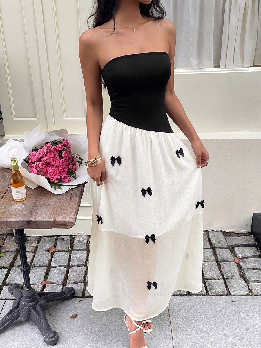Date Night Dresses Maxi Backless Bows Sleeveless Bow Off-The-Shoulder Sweet Black+White Dress