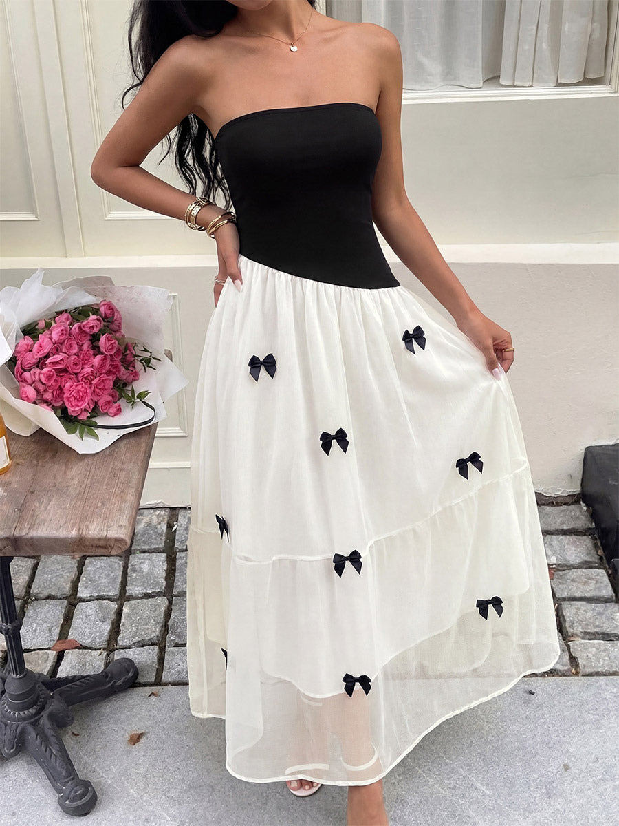 Date Night Dresses Maxi Backless Bows Sleeveless Bow Off-The-Shoulder Sweet Black+White Dress