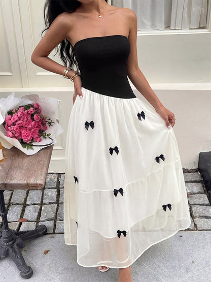 Date Night Dresses Maxi Backless Bows Sleeveless Bow Off-The-Shoulder Sweet Black+White Dress