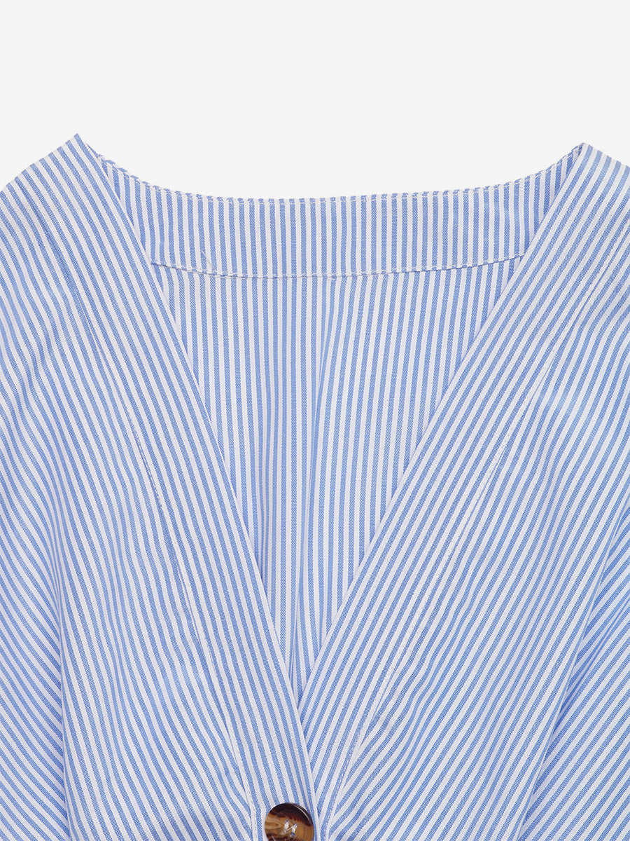 Daily Dresses Maxi Woman's Dress Short Sleeves V-Neck Natural Waist Sweet Buttons Blue Dress
