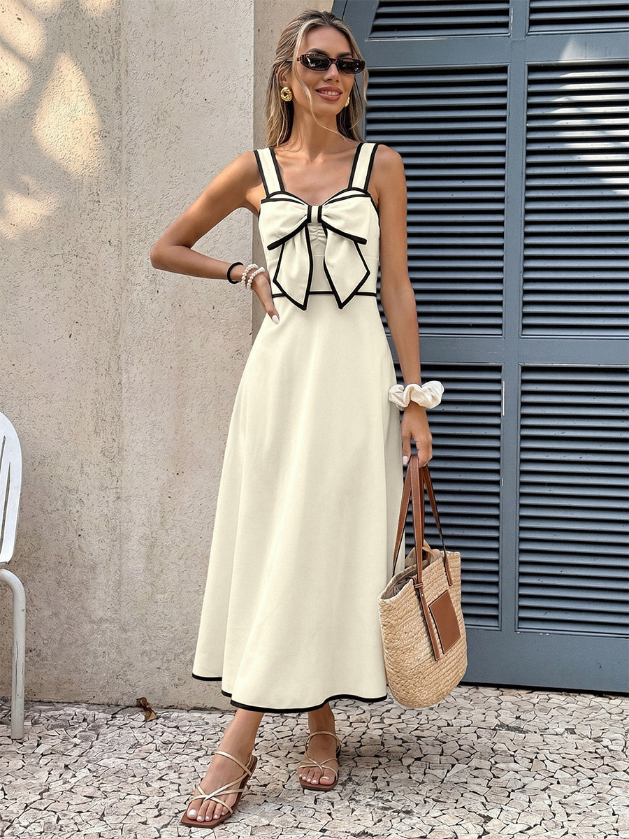 Date Night Dresses Maxi Backless Pleated Bows Sleeveless Off-The-Shoulder Sweet Ecru White Dress