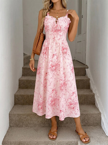 Date Night Dresses Maxi Backless Lace Up Ruffles Sleeveless Floral Print Off-The-Shoulder Chic Pink Dress