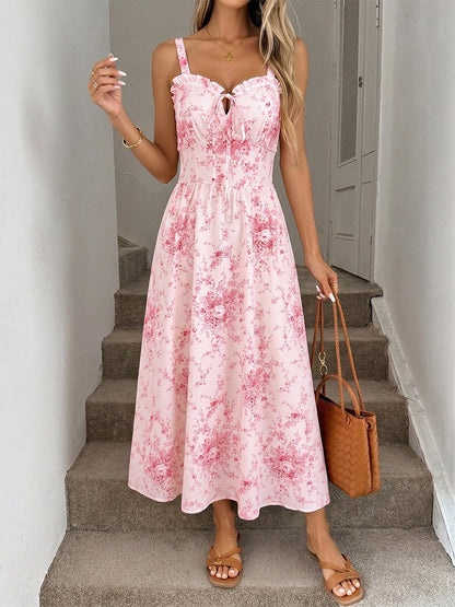 Date Night Dresses Maxi Backless Lace Up Ruffles Sleeveless Floral Print Off-The-Shoulder Chic Pink Dress