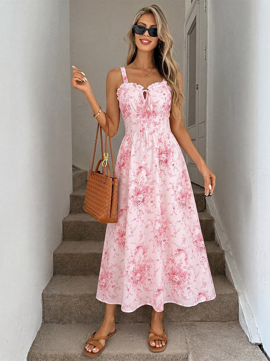 Date Night Dresses Maxi Backless Lace Up Ruffles Sleeveless Floral Print Off-The-Shoulder Chic Pink Dress