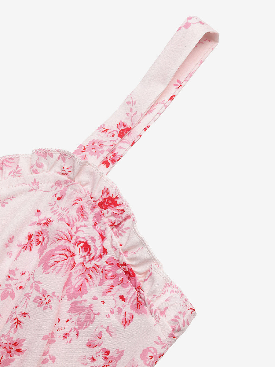 Date Night Dresses Maxi Backless Lace Up Ruffles Sleeveless Floral Print Off-The-Shoulder Chic Pink Dress