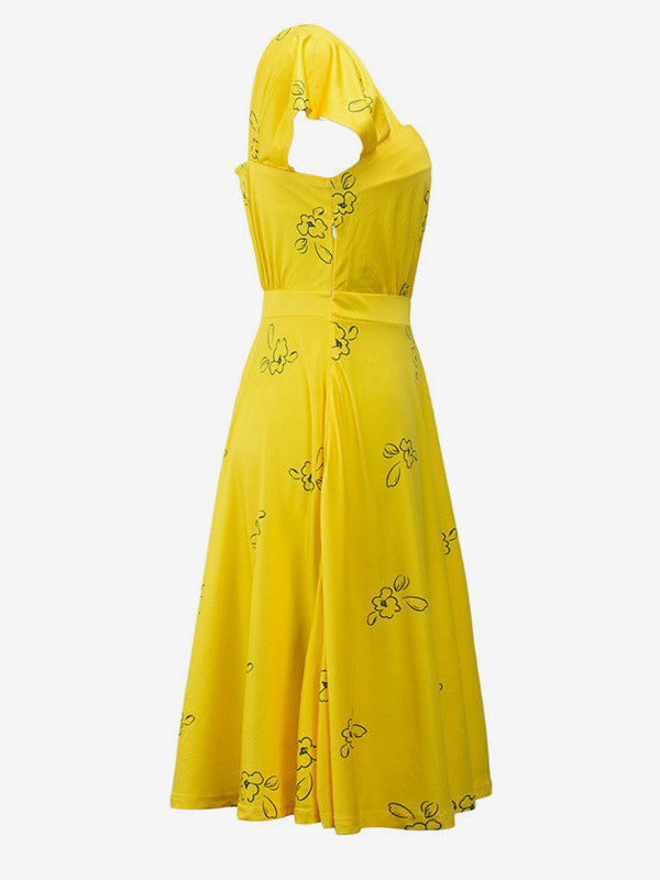 Date Night Dresses Midi Short Sleeves Floral Print Square Neck Casual Yellow Dress