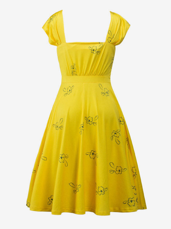 Date Night Dresses Midi Short Sleeves Floral Print Square Neck Casual Yellow Dress