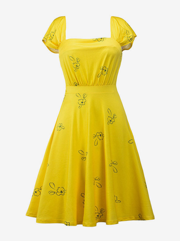 Date Night Dresses Midi Short Sleeves Floral Print Square Neck Casual Yellow Dress