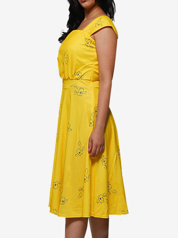 Date Night Dresses Midi Short Sleeves Floral Print Square Neck Casual Yellow Dress