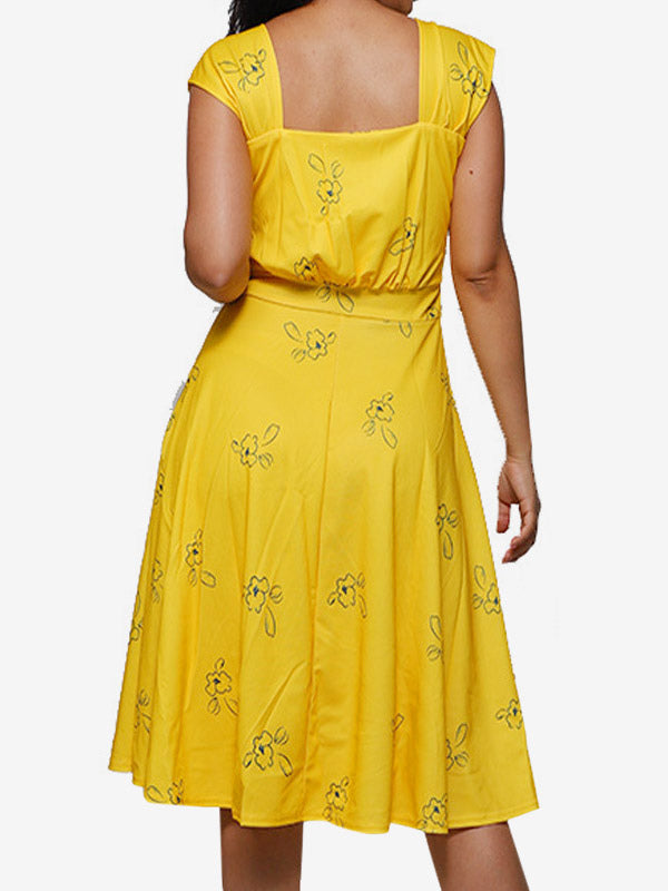 Date Night Dresses Midi Short Sleeves Floral Print Square Neck Casual Yellow Dress