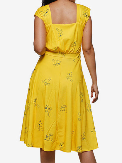 Date Night Dresses Midi Short Sleeves Floral Print Square Neck Casual Yellow Dress